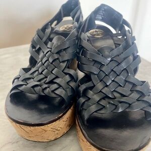 Tory Burch Navy Woven Leather Platform Wedge Sandals – Size 10